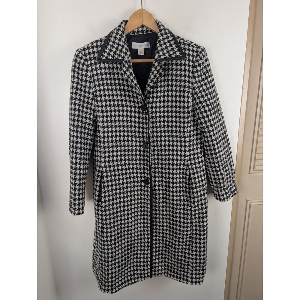 Petite Sophisticate Size 4 Houndstooth Wool Blend Coat Black White Overcoat 38"